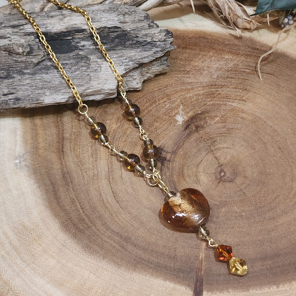 Long Statement Necklace With Art Glass Bead Heart Pendant
